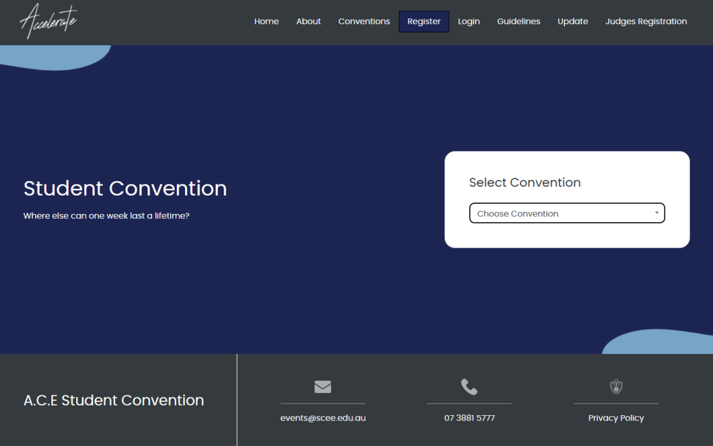 Screenshot of the Accelerate Convention Portal login and registration page.